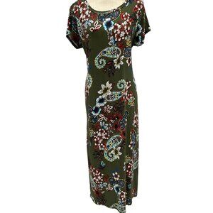 Paisley Floral Olive Green Maxi Dress Bohemian Soft Knit Comfy Lounge 1X